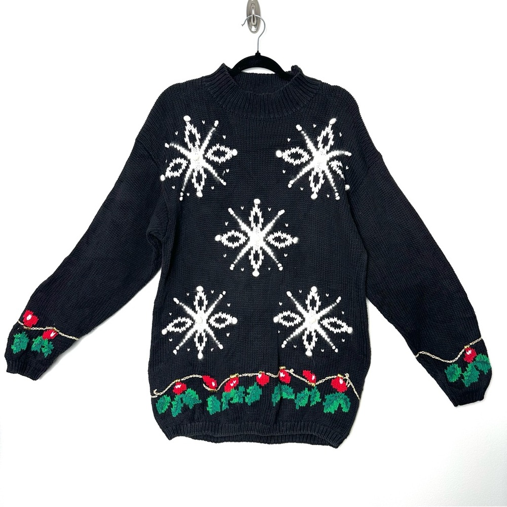Vintage Kitschy Ugly Christmas Sweater Snowflake Holly Cotton Wool Cottagecore